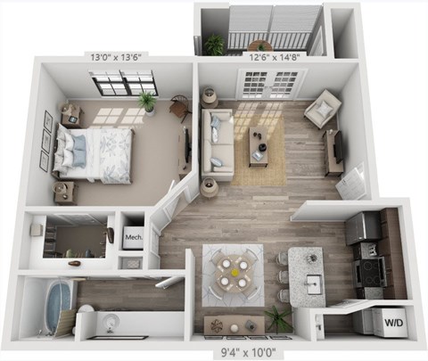 Floor plan for 1 bed, 1 bath, 724 sqft